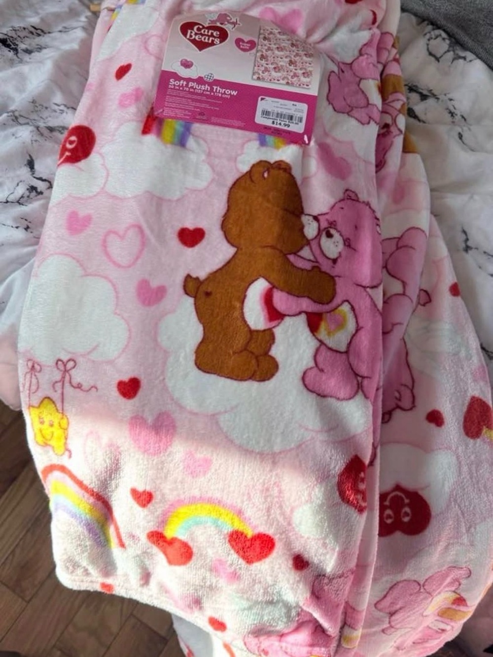 Care Bears Pink and Brown Plush Throw with Rainbows & Hearts